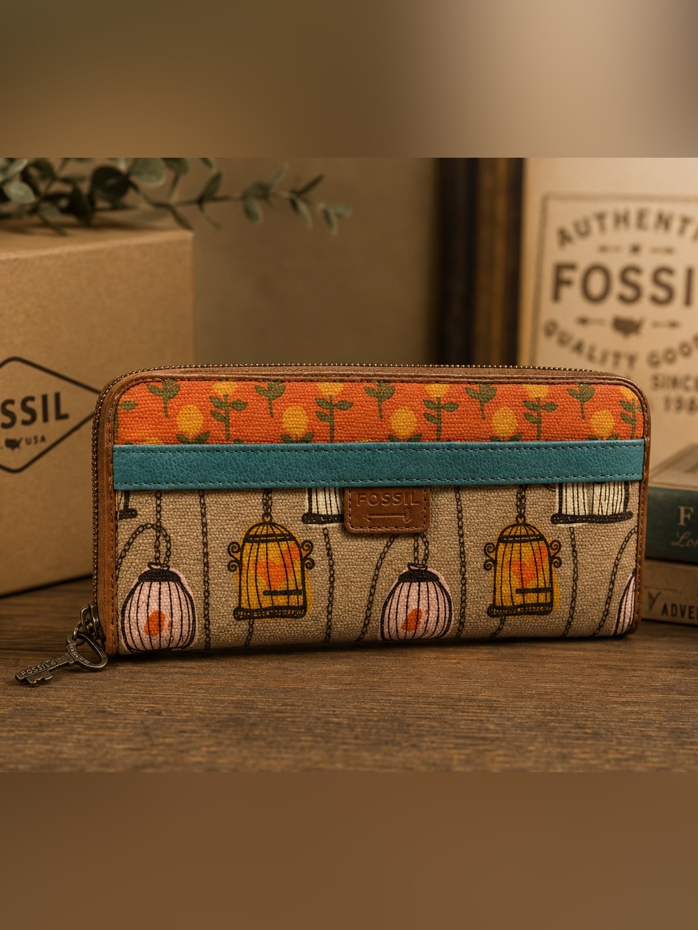 Vintage Fossil‎ Beige Canvas Birdcage Wallet Teal Trim and Orange Accent